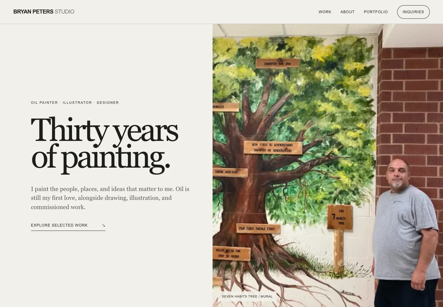 Bryan Peters Studio homepage, featuring the headline Thirty years of painting beside Bryan and his tree mural.